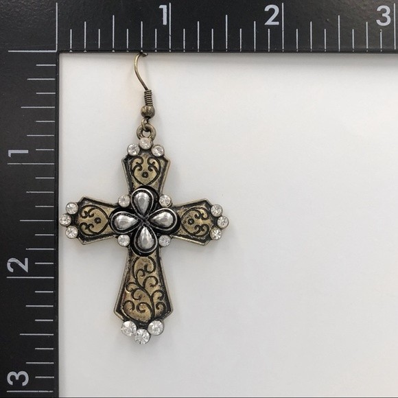 🌼 2- Tone Gold Silver Rhinestone Cross Dangle Earrings - Picture 2 of 2